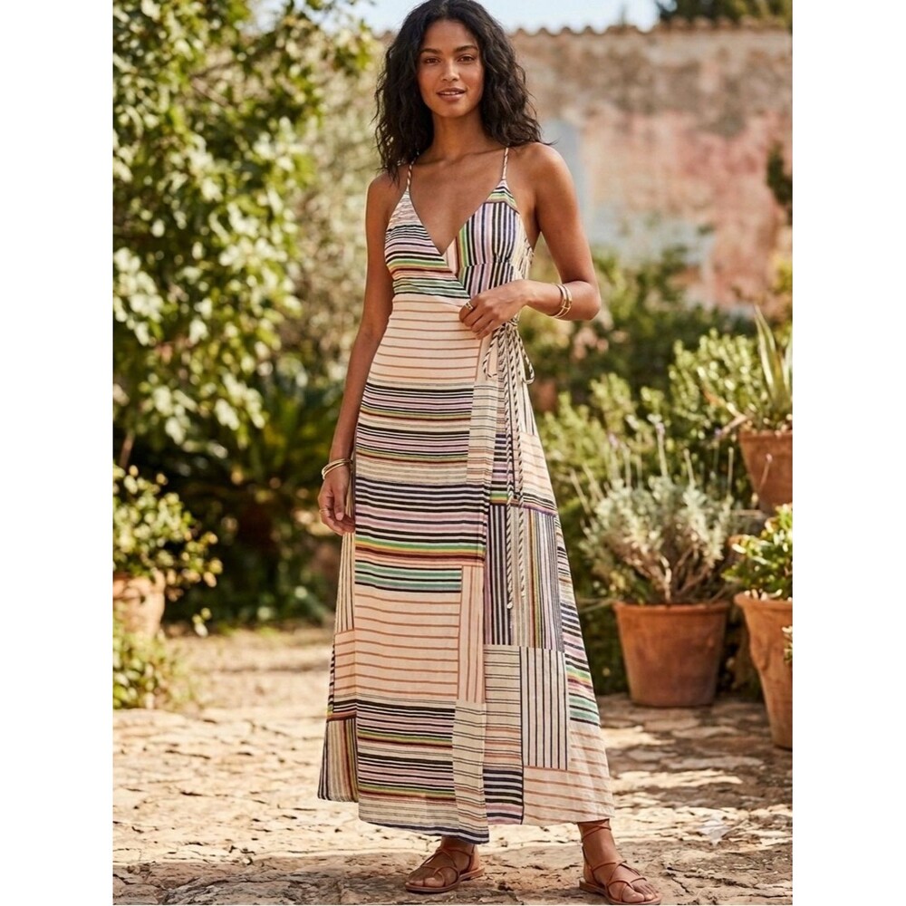 Love Stitch Striped Boho Maxi Wrap Dress Patchwork Festival Small NWT Summer